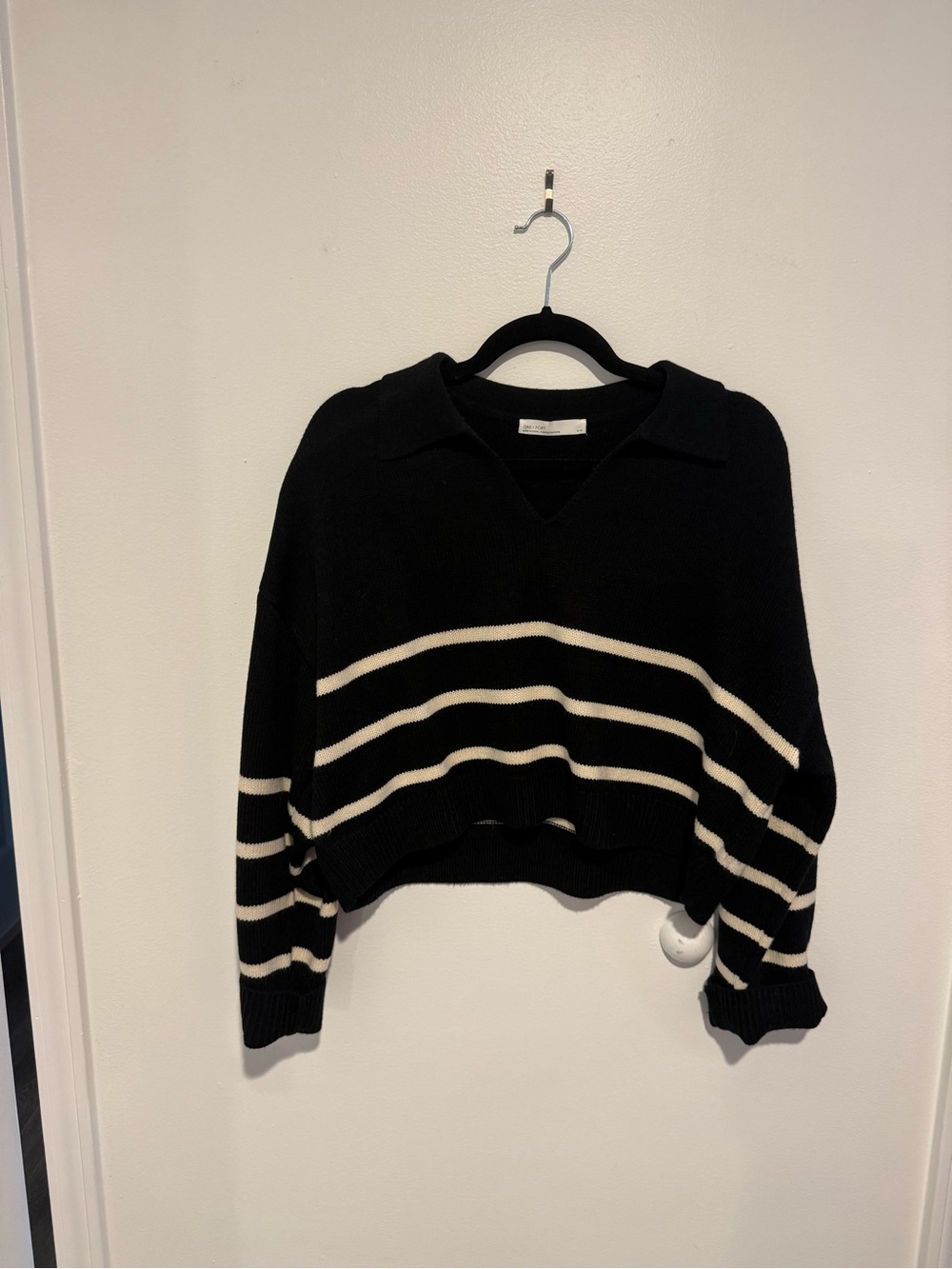 OAK + FORT Black V-Neck Collared Striped Sweater